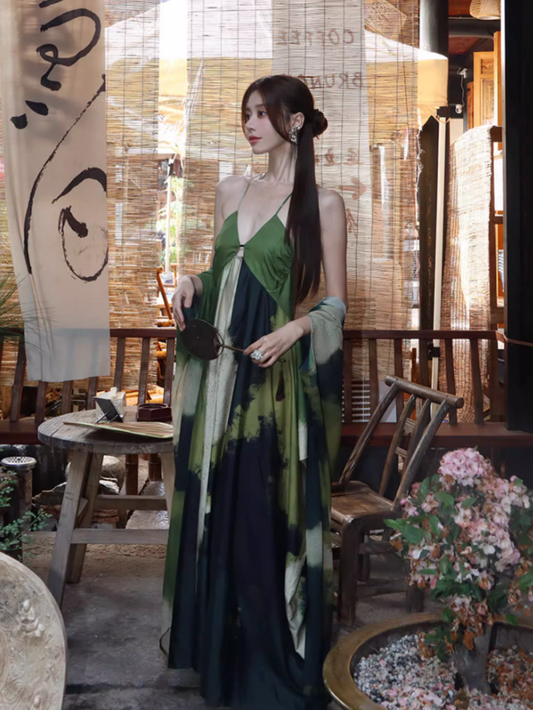 Vogue Ink Wash Gradient Bamboo-Green Maxi Dress With Stole Vintage Spaghetti Strap East Elegance Long Dress AP1479
