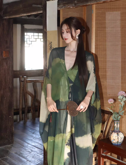 Vogue Ink Wash Gradient Bamboo-Green Maxi Dress With Stole Vintage Spaghetti Strap East Elegance Long Dress AP1479
