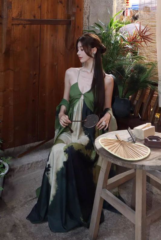 Vogue Ink Wash Gradient Bamboo-Green Maxi Dress With Stole Vintage Spaghetti Strap East Elegance Long Dress AP1479