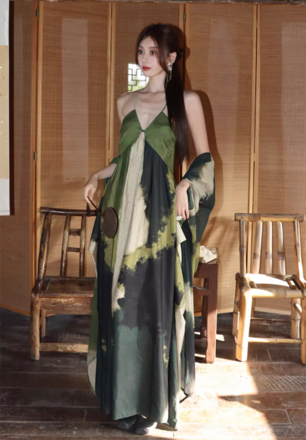 Vogue Ink Wash Gradient Bamboo-Green Maxi Dress With Stole Vintage Spaghetti Strap East Elegance Long Dress AP1479