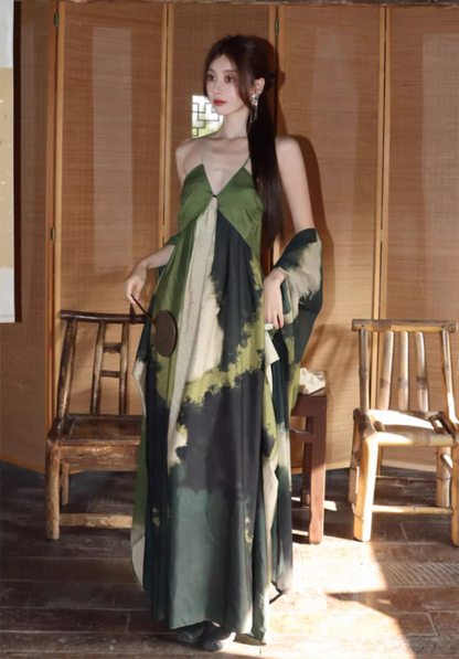 Vogue Ink Wash Gradient Bamboo-Green Maxi Dress With Stole Vintage Spaghetti Strap East Elegance Long Dress AP1479