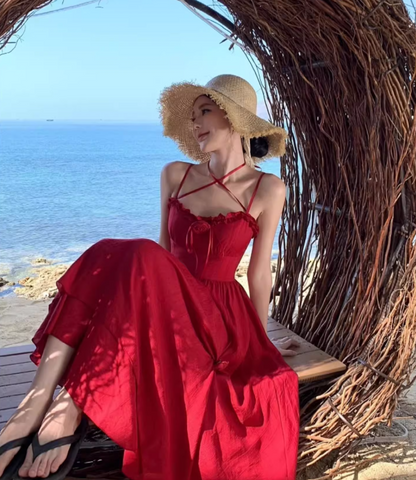 Charming Red Flowers Design Ruffles Trimmed Maxi Dress Vibrant Spaghetti Strap High-Waist Long Dress AP1480