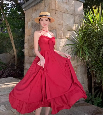 Charming Red Flowers Design Ruffles Trimmed Maxi Dress Vibrant Spaghetti Strap High-Waist Long Dress AP1480