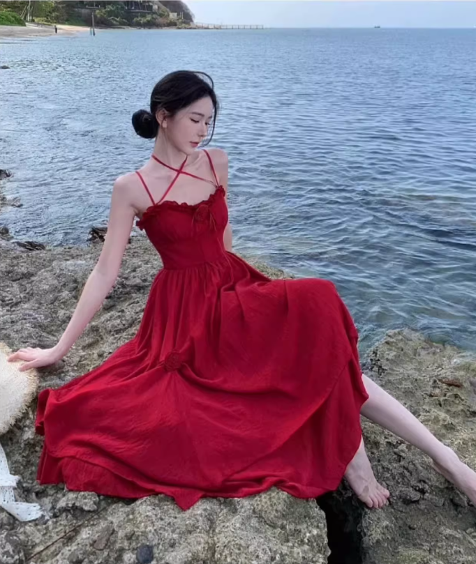 Charming Red Flowers Design Ruffles Trimmed Maxi Dress Vibrant Spaghetti Strap High-Waist Long Dress AP1480