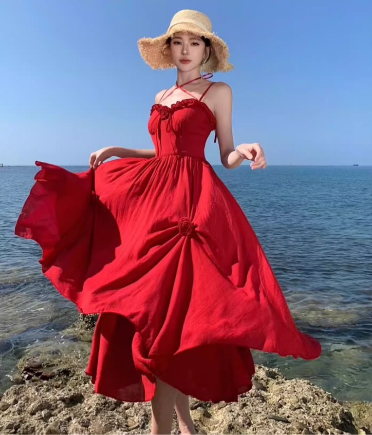 Charming Red Flowers Design Ruffles Trimmed Maxi Dress Vibrant Spaghetti Strap High-Waist Long Dress AP1480
