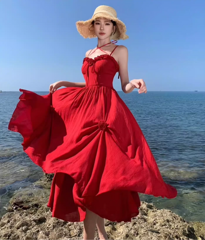 Charming Red Flowers Design Ruffles Trimmed Maxi Dress Vibrant Spaghetti Strap High-Waist Long Dress AP1480