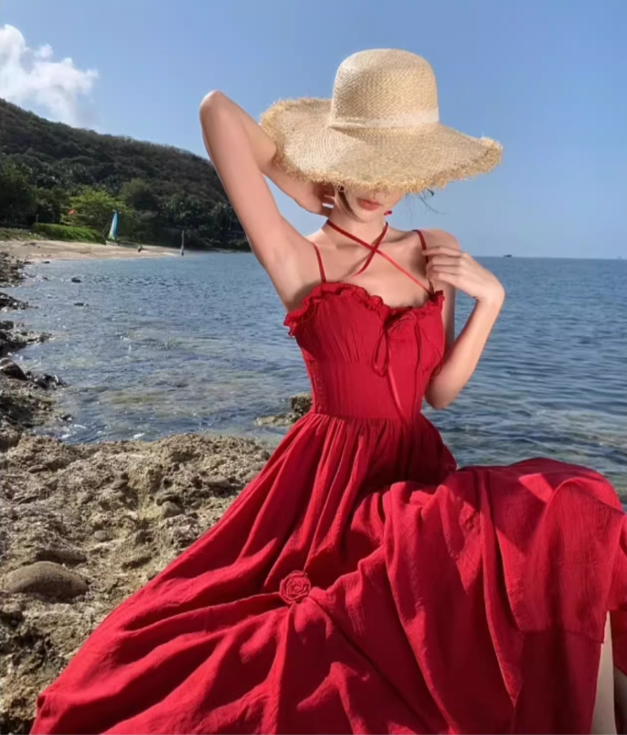 Charming Red Flowers Design Ruffles Trimmed Maxi Dress Vibrant Spaghetti Strap High-Waist Long Dress AP1480