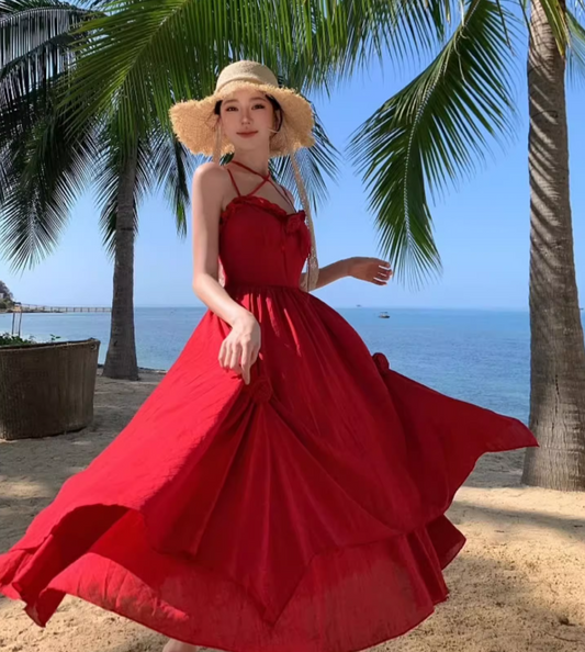 Charming Red Flowers Design Ruffles Trimmed Maxi Dress Vibrant Spaghetti Strap High-Waist Long Dress AP1480