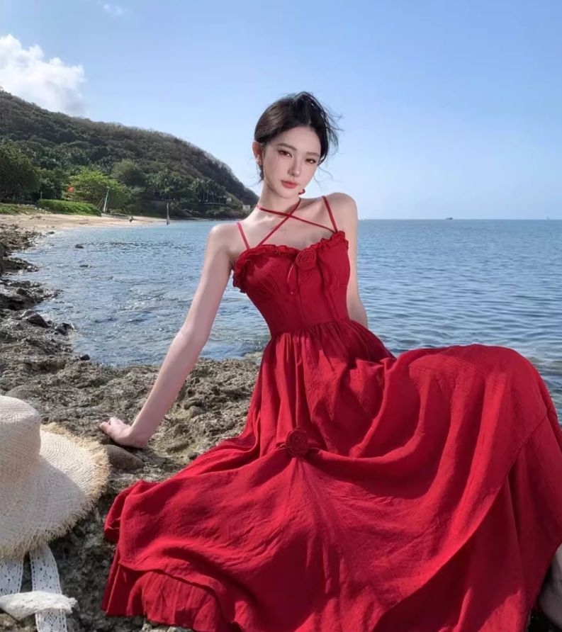 Charming Red Flowers Design Ruffles Trimmed Maxi Dress Vibrant Spaghetti Strap High-Waist Long Dress AP1480