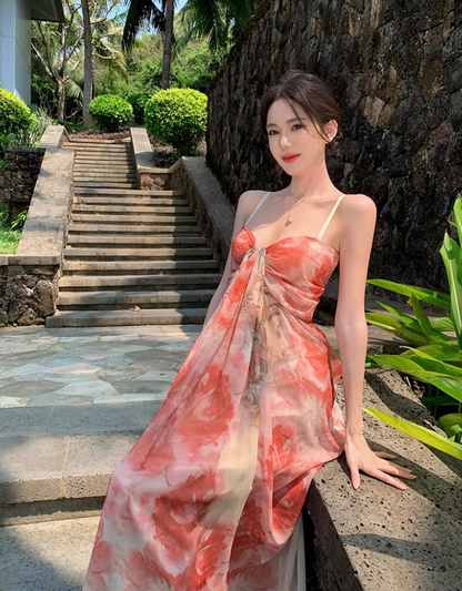 French Style Floral Print Draped Maxi Dress Scenic Vacays Vibrant Flowy Spaghetti Strap  Long Dress AP1481