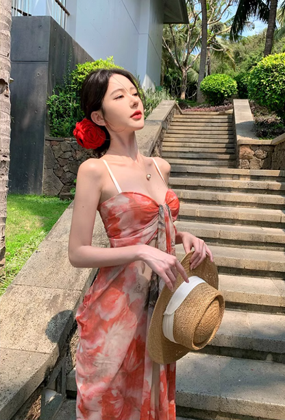 French Style Floral Print Draped Maxi Dress Scenic Vacays Vibrant Flowy Spaghetti Strap  Long Dress AP1481