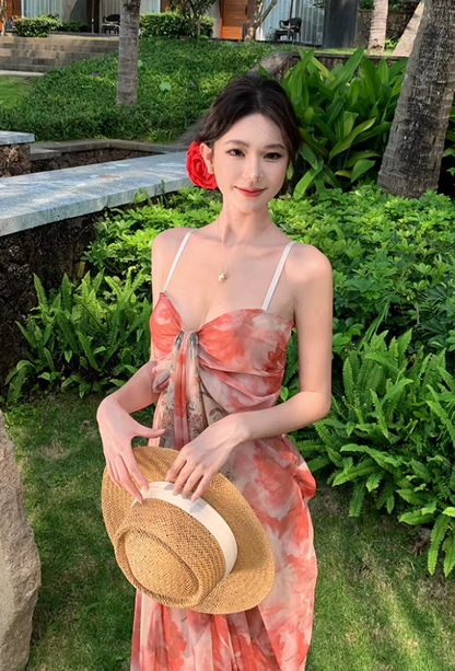 French Style Floral Print Draped Maxi Dress Scenic Vacays Vibrant Flowy Spaghetti Strap  Long Dress AP1481