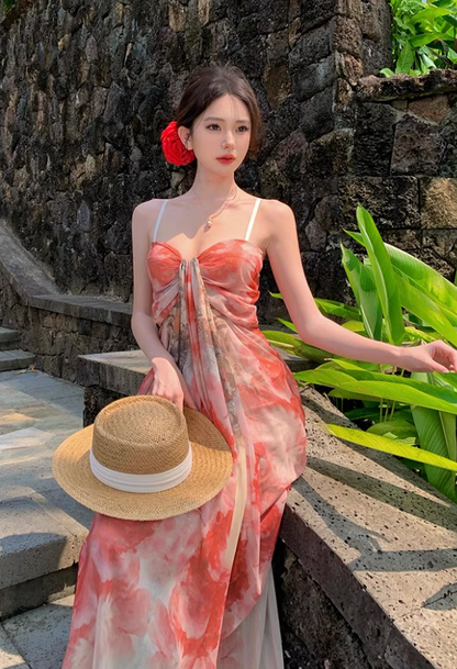French Style Floral Print Draped Maxi Dress Scenic Vacays Vibrant Flowy Spaghetti Strap  Long Dress AP1481