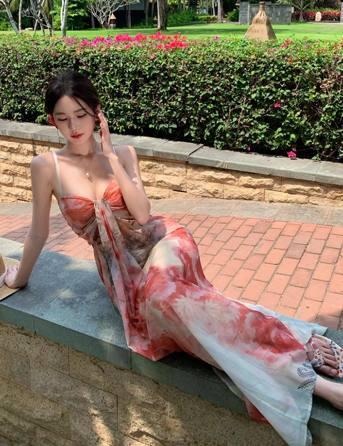 French Style Floral Print Draped Maxi Dress Scenic Vacays Vibrant Flowy Spaghetti Strap  Long Dress AP1481