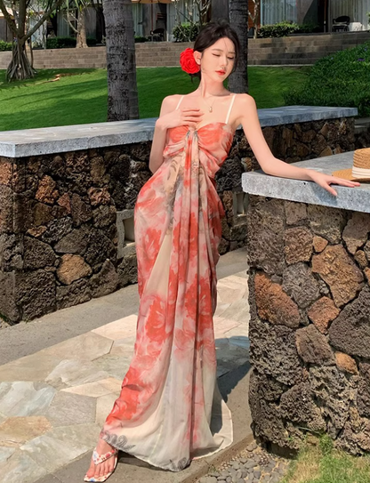 French Style Floral Print Draped Maxi Dress Scenic Vacays Vibrant Flowy Spaghetti Strap  Long Dress AP1481