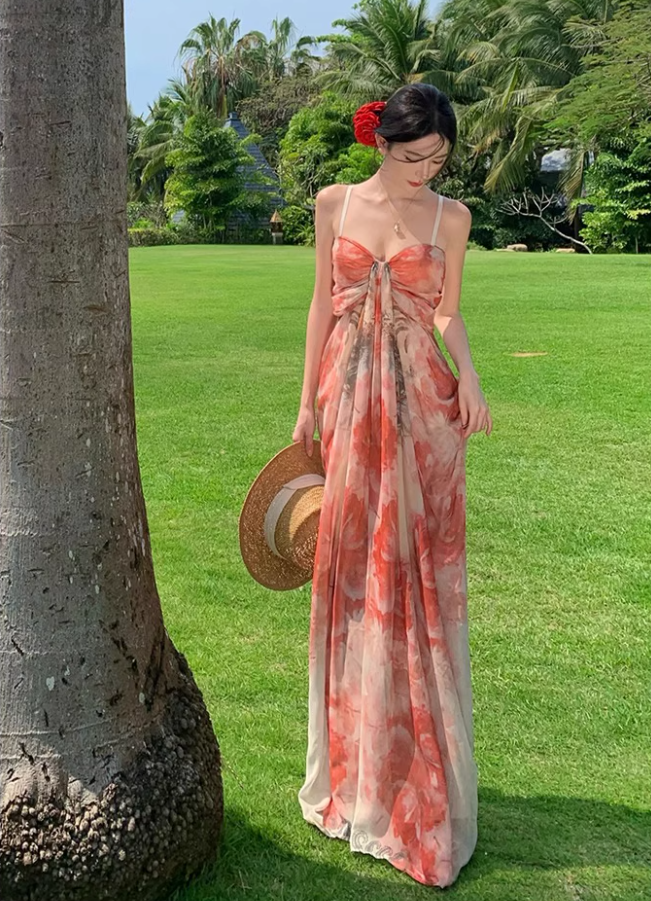 French Style Floral Print Draped Maxi Dress Scenic Vacays Vibrant Flowy Spaghetti Strap  Long Dress AP1481