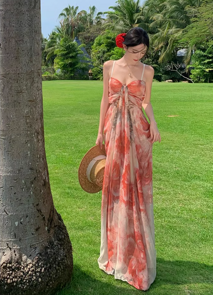 French Style Floral Print Draped Maxi Dress Scenic Vacays Vibrant Flowy Spaghetti Strap  Long Dress AP1481