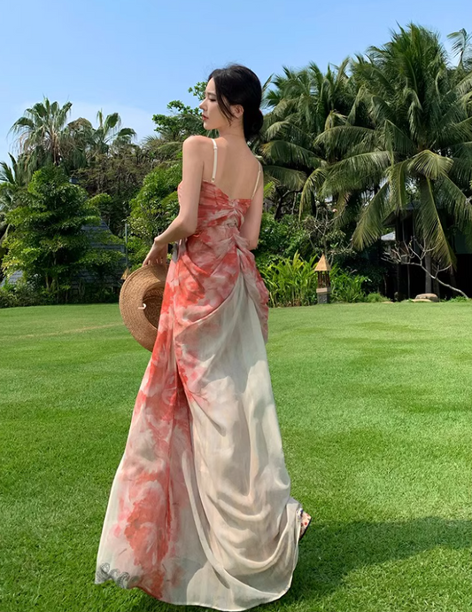 French Style Floral Print Draped Maxi Dress Scenic Vacays Vibrant Flowy Spaghetti Strap  Long Dress AP1481