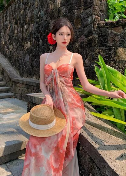 French Style Floral Print Draped Maxi Dress Scenic Vacays Vibrant Flowy Spaghetti Strap  Long Dress AP1481