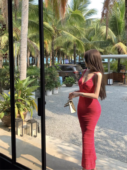 Dopamine Style Pink Knit Cutout Tie Maxi Dress Scenic Vacays Vibrant Bodycon Spaghetti Strap Mermaid Long Dress AP1482