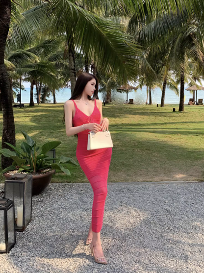 Dopamine Style Pink Knit Cutout Tie Maxi Dress Scenic Vacays Vibrant Bodycon Spaghetti Strap Mermaid Long Dress AP1482