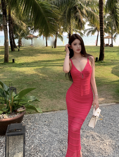 Dopamine Style Pink Knit Cutout Tie Maxi Dress Scenic Vacays Vibrant Bodycon Spaghetti Strap Mermaid Long Dress AP1482