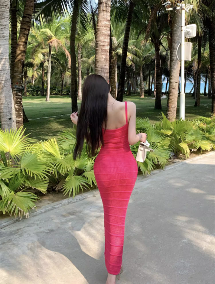 Dopamine Style Pink Knit Cutout Tie Maxi Dress Scenic Vacays Vibrant Bodycon Spaghetti Strap Mermaid Long Dress AP1482