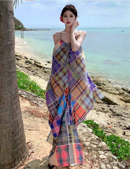 Vibrant Style Patchwork Plaid Maxi Dress Scenic Vacays Loose-Fit Flowy Spaghetti Strap Long Dress AP1483