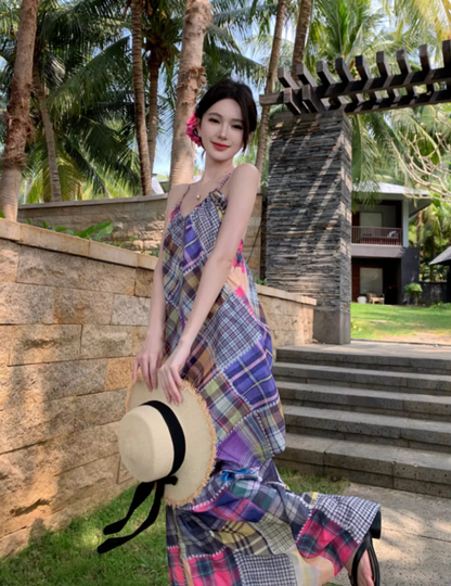 Vibrant Style Patchwork Plaid Maxi Dress Scenic Vacays Loose-Fit Flowy Spaghetti Strap Long Dress AP1483