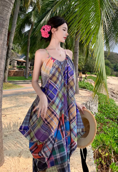 Vibrant Style Patchwork Plaid Maxi Dress Scenic Vacays Loose-Fit Flowy Spaghetti Strap Long Dress AP1483