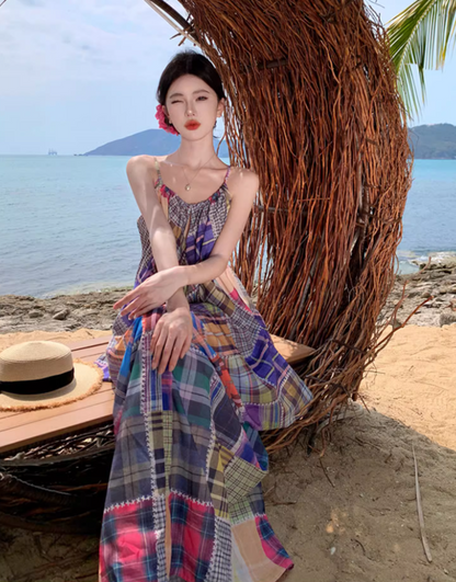 Vibrant Style Patchwork Plaid Maxi Dress Scenic Vacays Loose-Fit Flowy Spaghetti Strap Long Dress AP1483