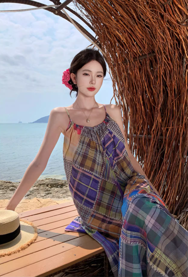 Vibrant Style Patchwork Plaid Maxi Dress Scenic Vacays Loose-Fit Flowy Spaghetti Strap Long Dress AP1483