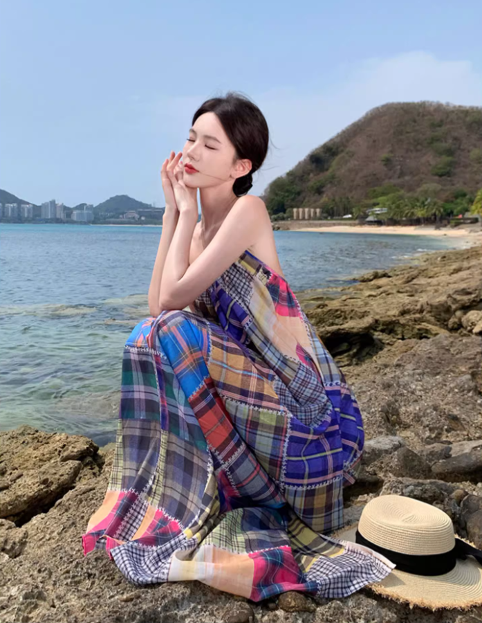 Vibrant Style Patchwork Plaid Maxi Dress Scenic Vacays Loose-Fit Flowy Spaghetti Strap Long Dress AP1483