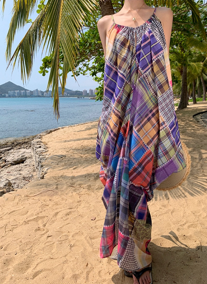 Vibrant Style Patchwork Plaid Maxi Dress Scenic Vacays Loose-Fit Flowy Spaghetti Strap Long Dress AP1483