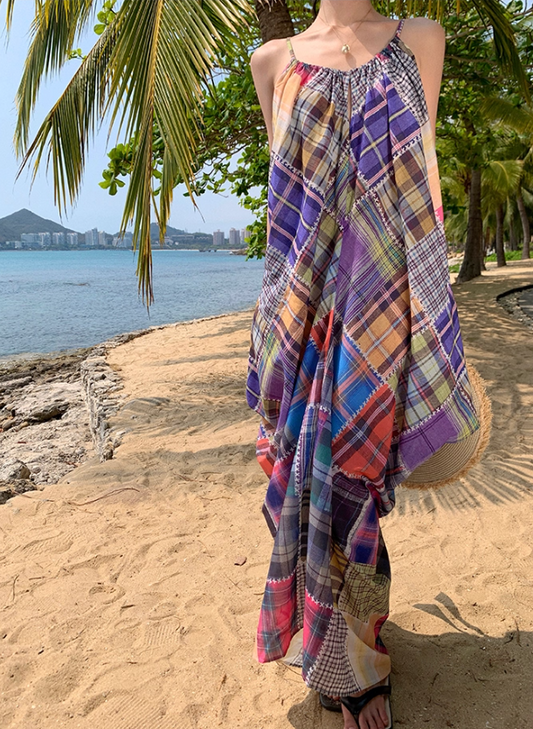 Vibrant Style Patchwork Plaid Maxi Dress Scenic Vacays Loose-Fit Flowy Spaghetti Strap Long Dress AP1483