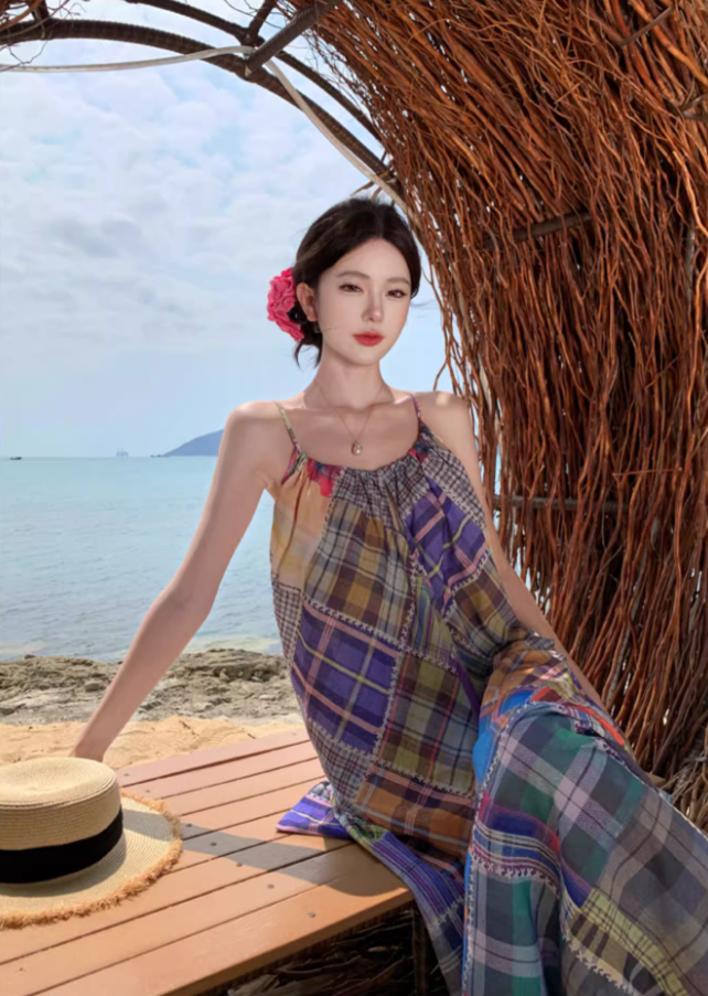 Vibrant Style Patchwork Plaid Maxi Dress Scenic Vacays Loose-Fit Flowy Spaghetti Strap Long Dress AP1483