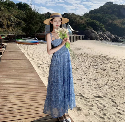 Classical Blue Floral Print Maxi Dress Scenic Vacays Flowy Gentle High-Waisted Spaghetti Strap Long Dress AP1484