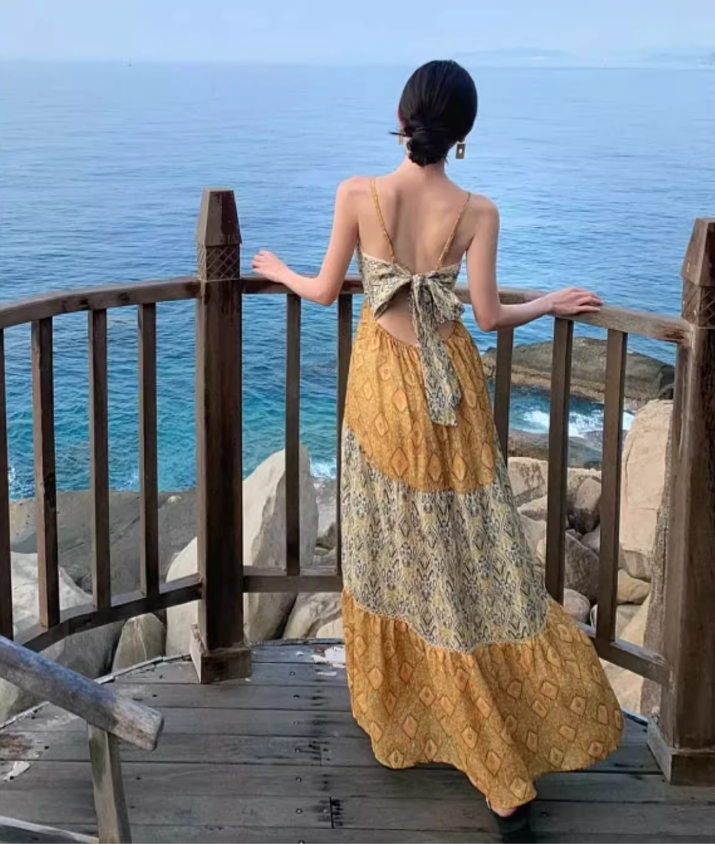 Boho Style Floral Print Tiered Patchwork Maxi Dress Vibrant Flowy Coastal Trips Spaghetti Strap Long Dress AP1485