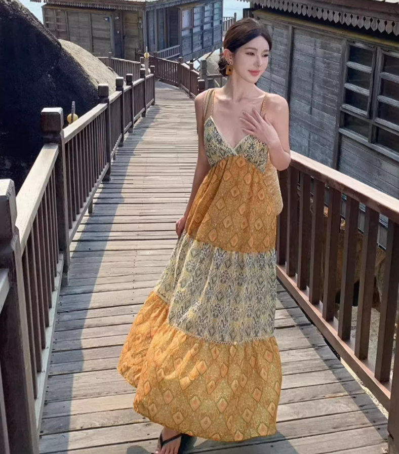 Boho Style Floral Print Tiered Patchwork Maxi Dress Vibrant Flowy Coastal Trips Spaghetti Strap Long Dress AP1485