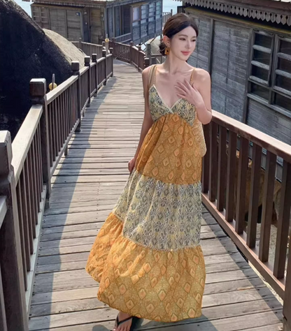 Boho Style Floral Print Tiered Patchwork Maxi Dress Vibrant Flowy Coastal Trips Spaghetti Strap Long Dress AP1485