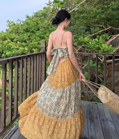Boho Style Floral Print Tiered Patchwork Maxi Dress Vibrant Flowy Coastal Trips Spaghetti Strap Long Dress AP1485