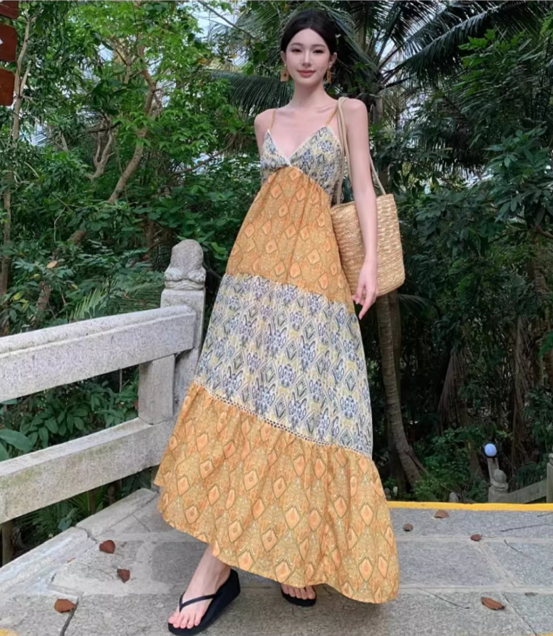 Boho Style Floral Print Tiered Patchwork Maxi Dress Vibrant Flowy Coastal Trips Spaghetti Strap Long Dress AP1485