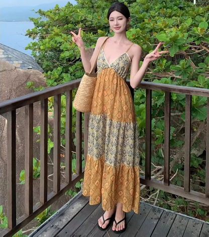 Boho Style Floral Print Tiered Patchwork Maxi Dress Vibrant Flowy Coastal Trips Spaghetti Strap Long Dress AP1485