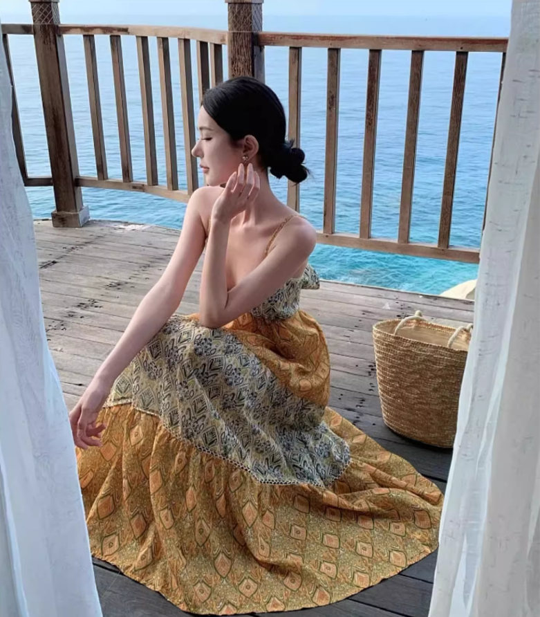 Boho Style Floral Print Tiered Patchwork Maxi Dress Vibrant Flowy Coastal Trips Spaghetti Strap Long Dress AP1485