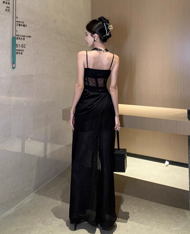 Charming High-Slit Black Hi-Lo Hem Maxi Dress LBD Spaghetti Strap Sheer Tulle Splicing Evening Events Long Dress AP1486