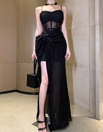 Charming High-Slit Black Hi-Lo Hem Maxi Dress LBD Spaghetti Strap Sheer Tulle Splicing Evening Events Long Dress AP1486
