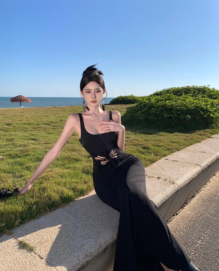 Charming Black Cutout Butterfly Sheer Maxi Dress LBD Mermaid Spaghetti Strap Bodycon Long Dress AP1487