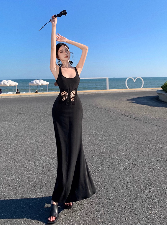 Charming Black Cutout Butterfly Sheer Maxi Dress LBD Mermaid Spaghetti Strap Bodycon Long Dress AP1487