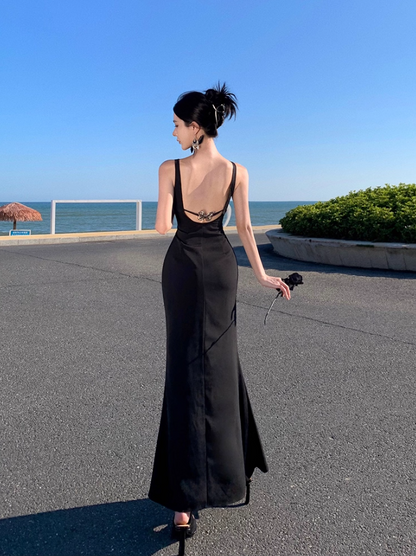 Charming Black Cutout Butterfly Sheer Maxi Dress LBD Mermaid Spaghetti Strap Bodycon Long Dress AP1487