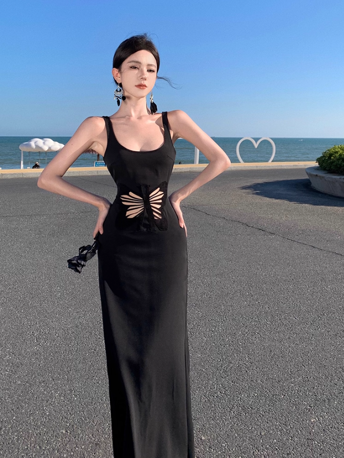 Charming Black Cutout Butterfly Sheer Maxi Dress LBD Mermaid Spaghetti Strap Bodycon Long Dress AP1487